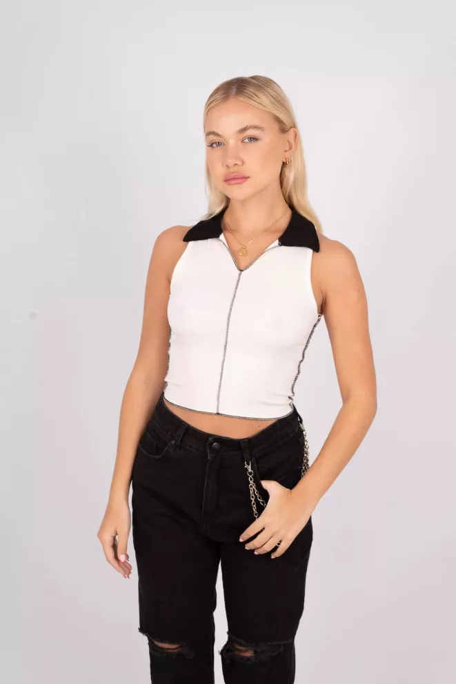 T631 - Musculosa Lulu Con Cuello Polo Y Costuras Combinadas Morley Finito