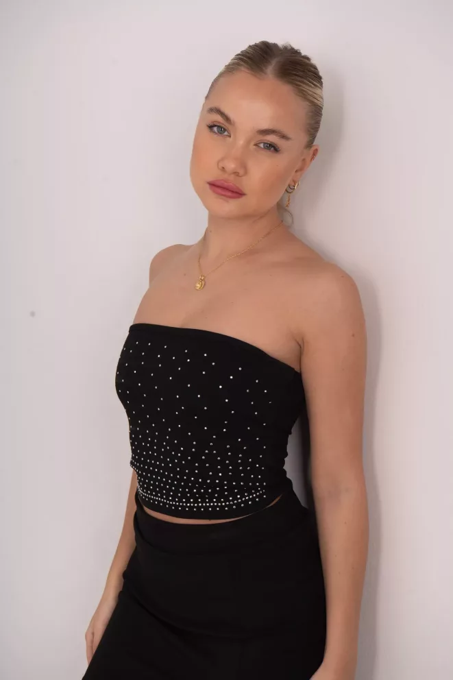 T646 - Top Strapless Shiny Hot Fix Scuba Crepe