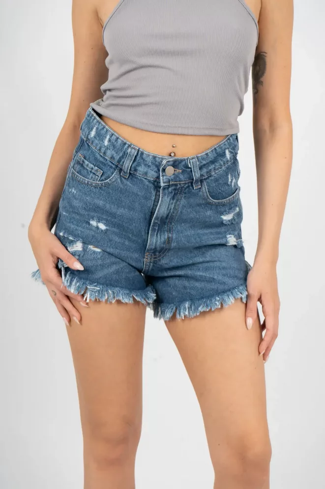 SD361 - Short Denim Rigido Azul Con Roturas Deflecado (Nova)