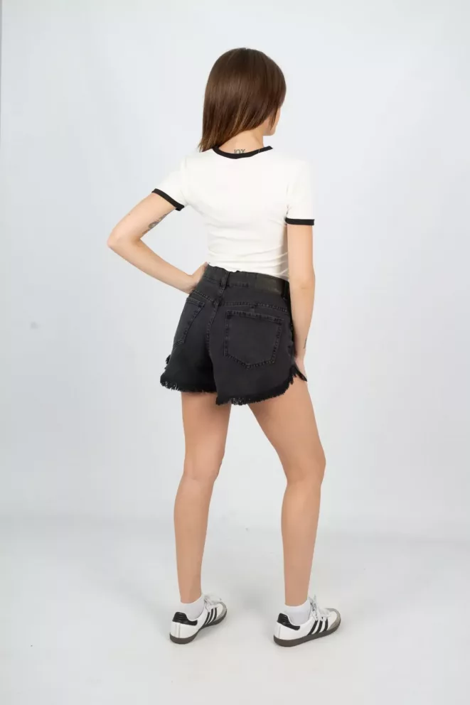 Alternative view of SD374 - Short Denim Negro Rigido Desflecado Con Roturas (Laisa)