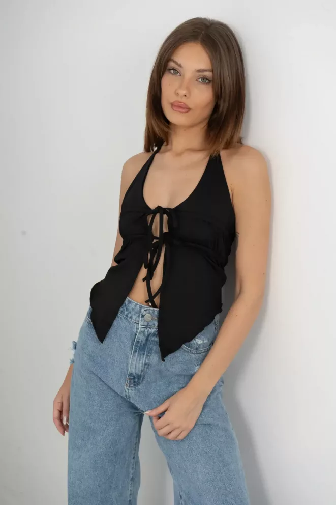 T781 - Top Giada Con Cordon Frunce En Pico Microfibra