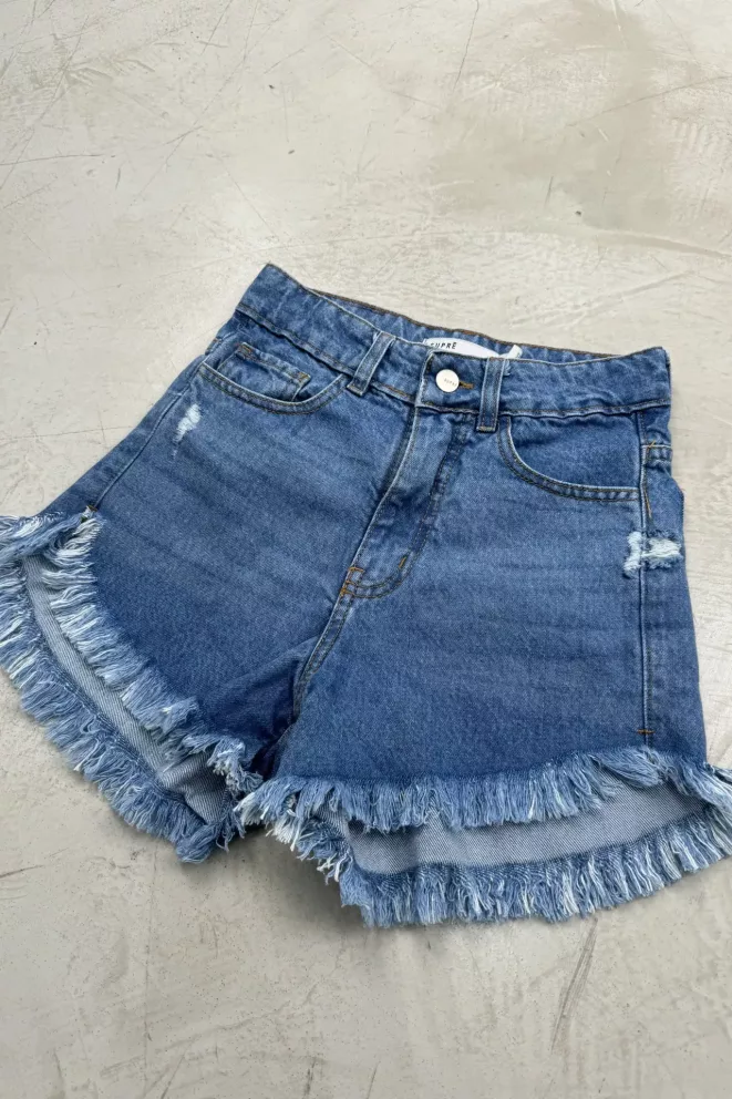SD386 - Short Denim Azul Rígido Desflecado Con Dos Roturas (Katherine)