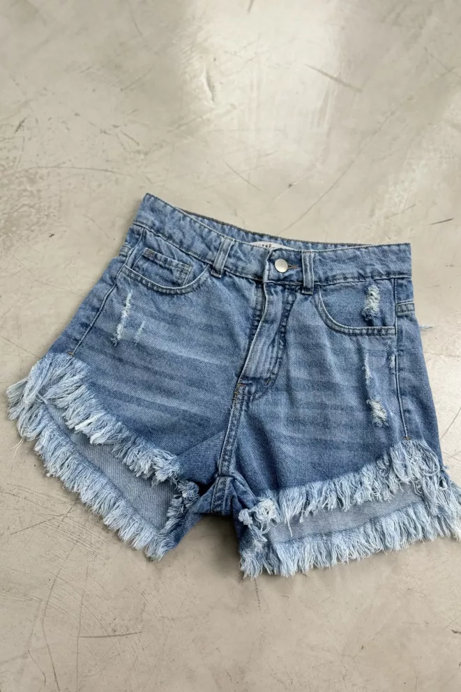 SD389 - Short Denim Desflecado Roturas con Bigotes Rígido (Alene)