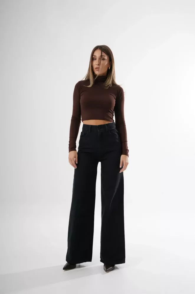 SD394 - Wide Leg Denim Negro Rígido (Panther)