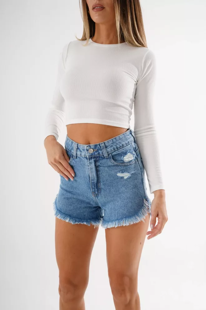 SD381 - Short Denim Celeste Rígido Desflecado Con Roturas (Elena)