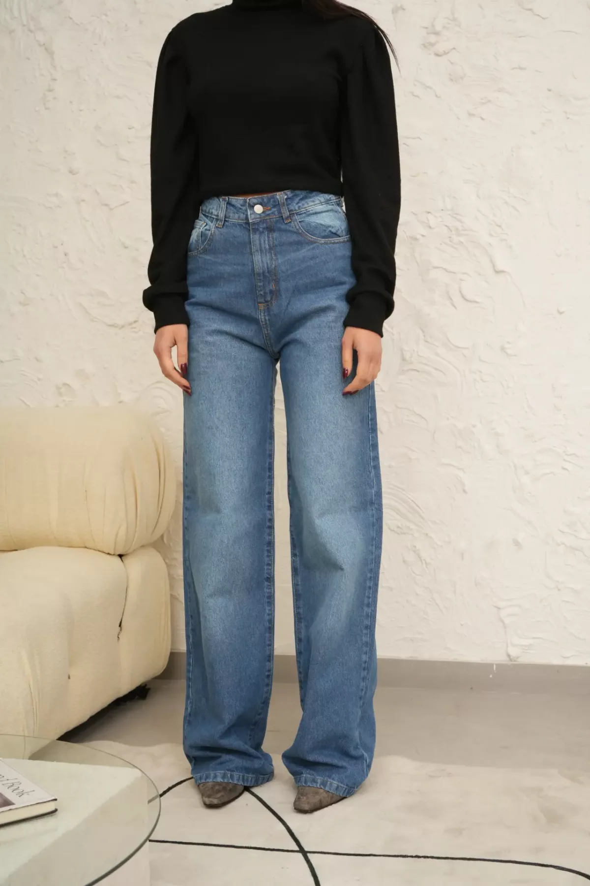 SD408 - Wide Leg Denim Azul con Bigotes Rígido (Renata)