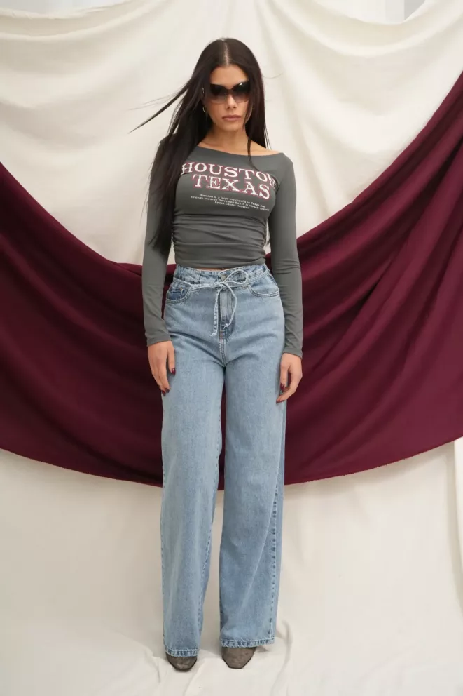 SD412 - Wide Leg Denim Con Cinto Azul Rígido (Pearline)