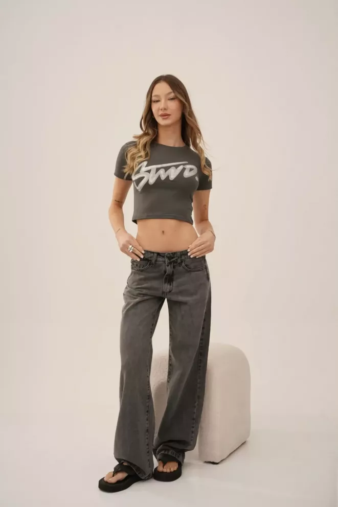 SD429 - Wide Leg Tiro Bajo Denim Gris Rígido (Milan)
