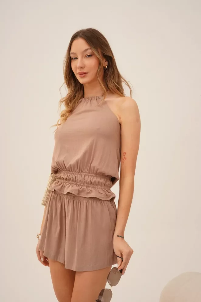 T814 - Musculosa Amelia Con Cordon y Frunce Simil Lino