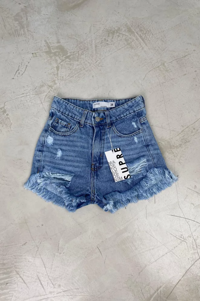 SD448 - Short Denim Celeste Rígido Desflecado Con Roturas (Eden)