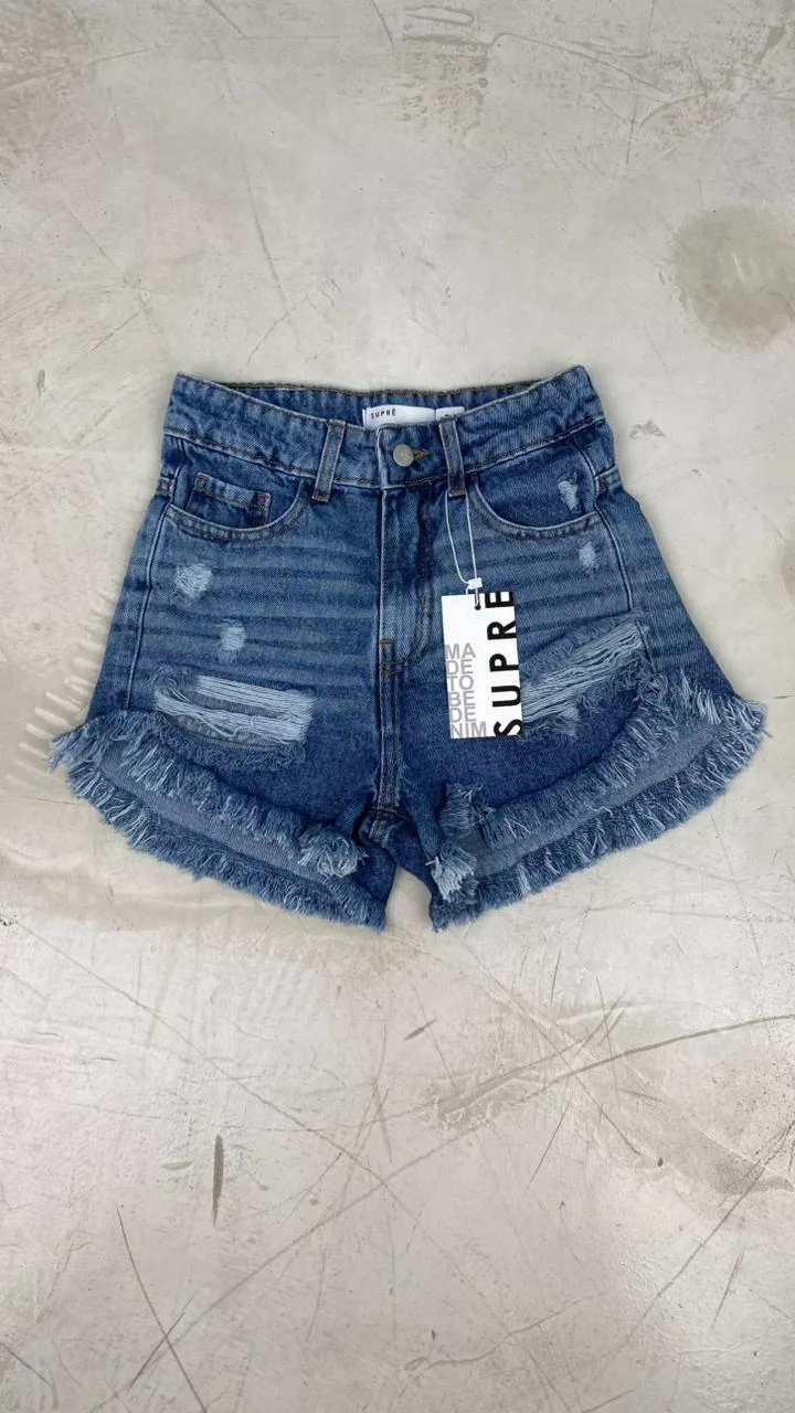 SD451 - Short Denim Azul Rigido Desflecado Con Roturas (Civara)