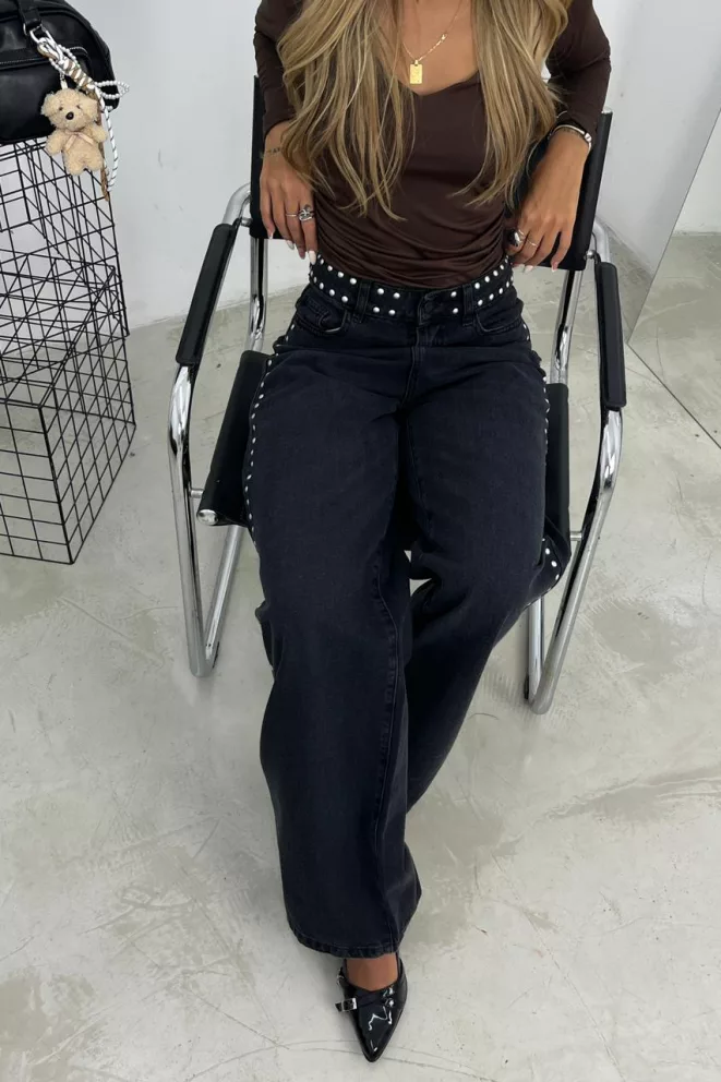 Alternative view of SD452 - Wide Leg Tachitas Lateral Y Cintura Bigotes Gris Rígido (Genux)