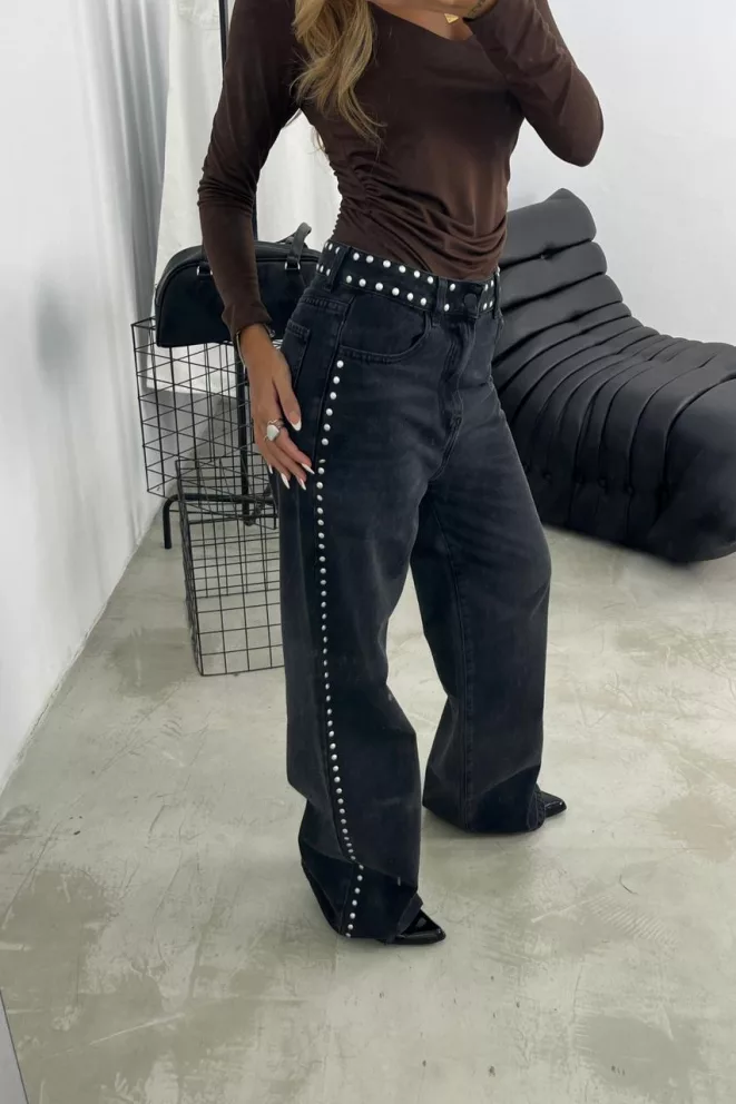 SD452 - Wide Leg Tachitas Lateral Y Cintura Bigotes Gris Rígido (Genux)