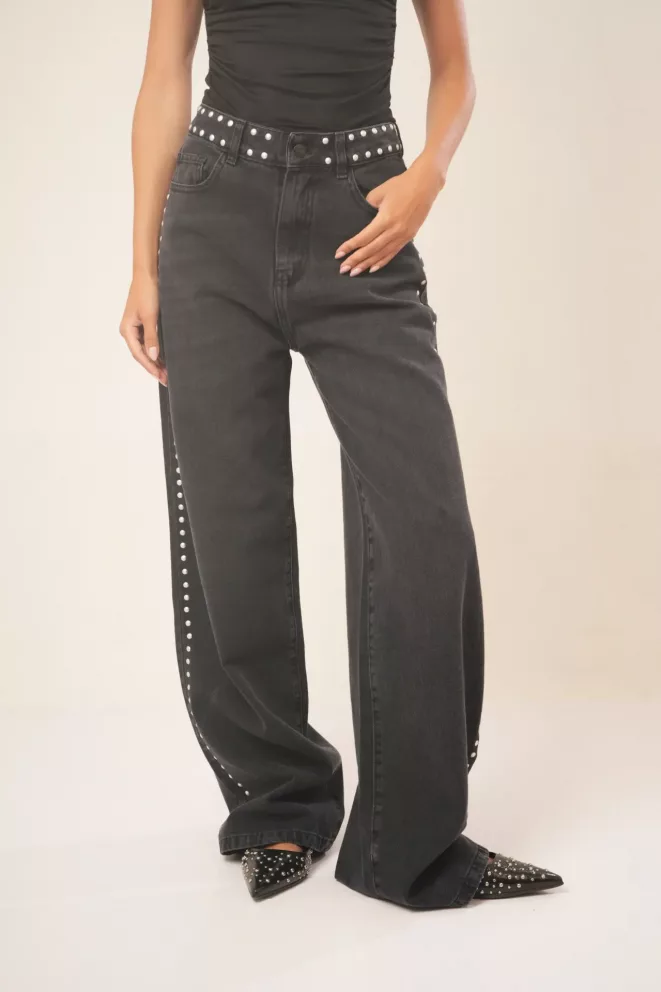 Alternative view of SD452 - Wide Leg Tachitas Lateral Y Cintura Bigotes Gris Rígido (Genux)