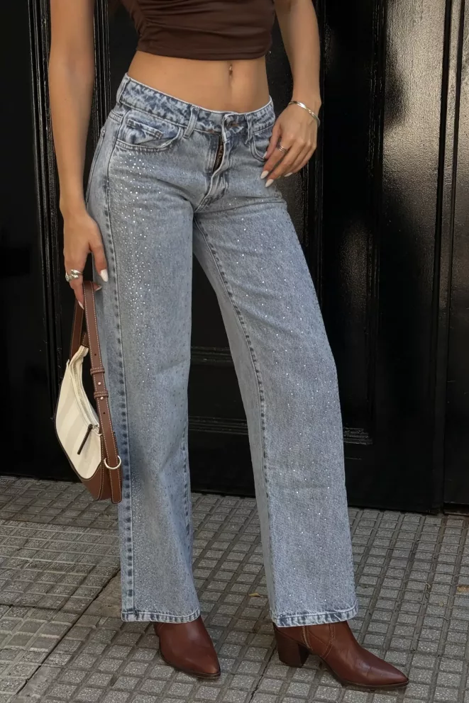 SD453 - Wide Leg Tiro Bajo Strass Denim Celeste Rígido (Zyra)