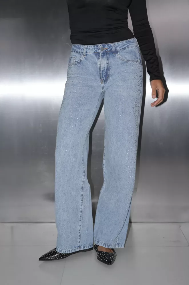 SD453 - Wide Leg Tiro Bajo Strass Denim Celeste Rígido (Zyra)