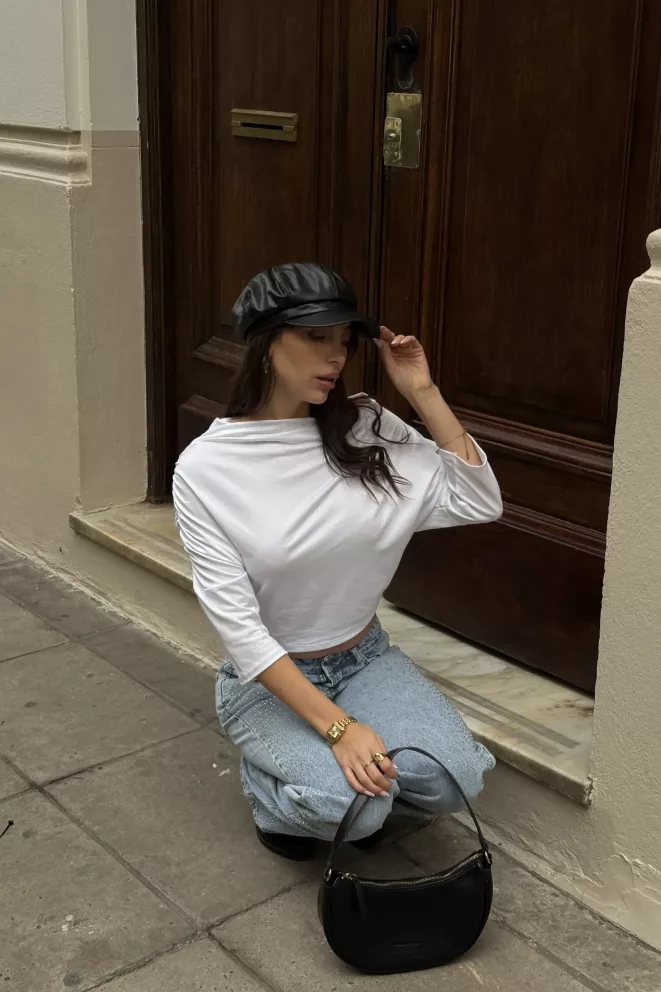 T832 - Camiseta Stariel Asimetrico Frunce Lateral Manga Larga Modal Soft
