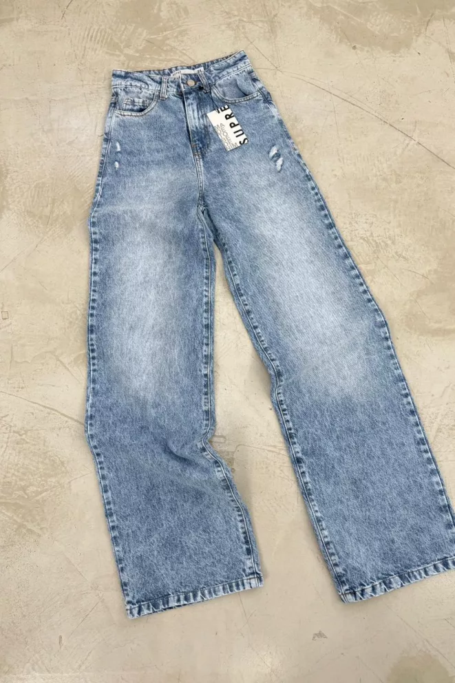 SD468 - Wide Leg Denim Roturas Celeste Rigido (Loreni)