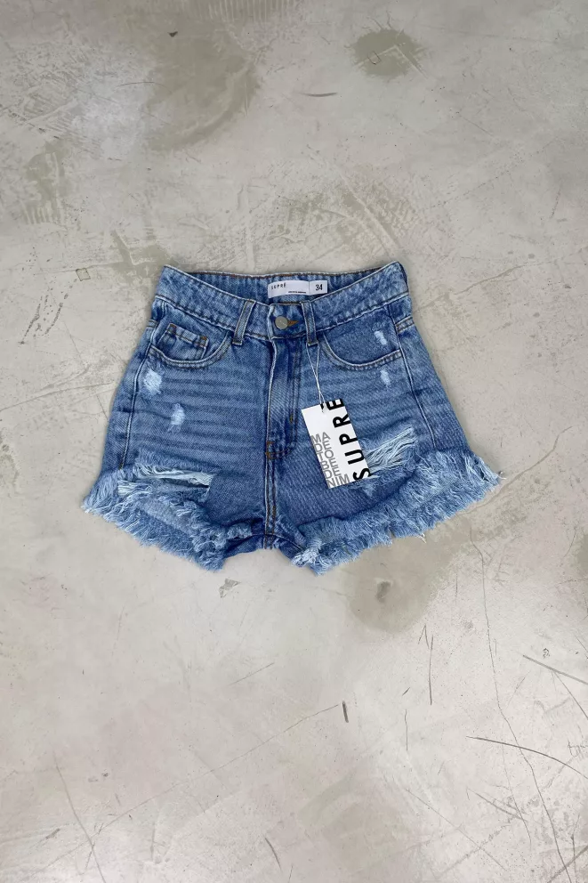 SD448 - Short Denim Celeste Rígido Desflecado Con Roturas (Eden)