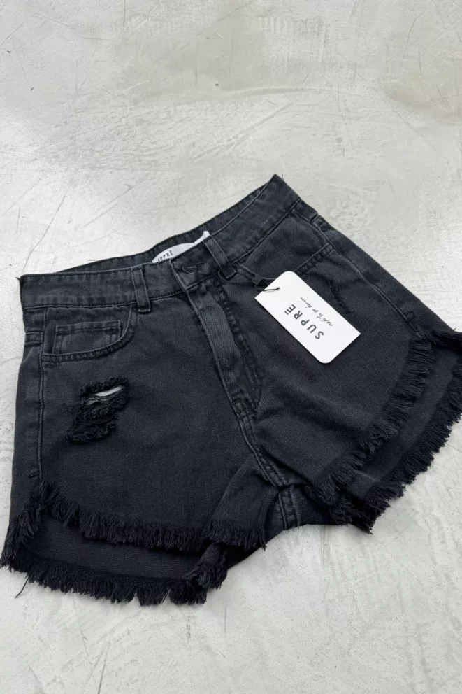 SD374 - Short Denim Negro Rigido Desflecado Con Roturas (Laisa)