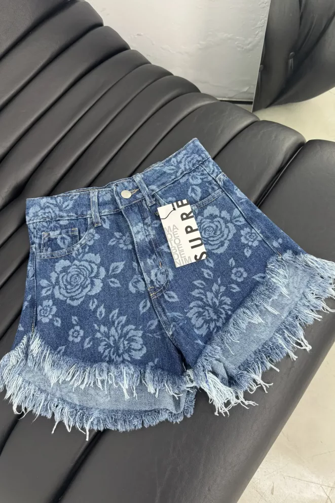 SD477 - Short Denim Desflecado Estampado Azul (Flowers)