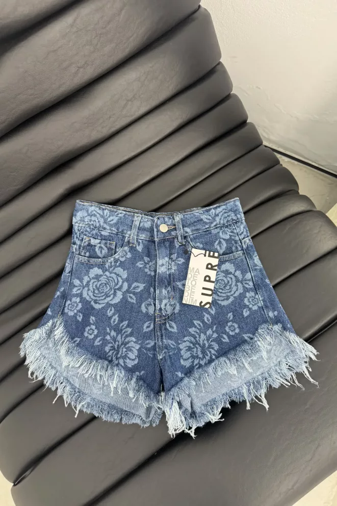Alternative view of SD477 - Short Denim Desflecado Estampado Azul (Flowers)