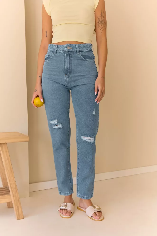 SD445 - Mom Denim Azul con Rotura Rigido (Iberia)