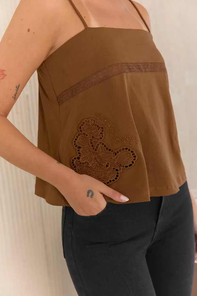 IMPS333 - Musculosa Indigo Bretel Bordado Calado