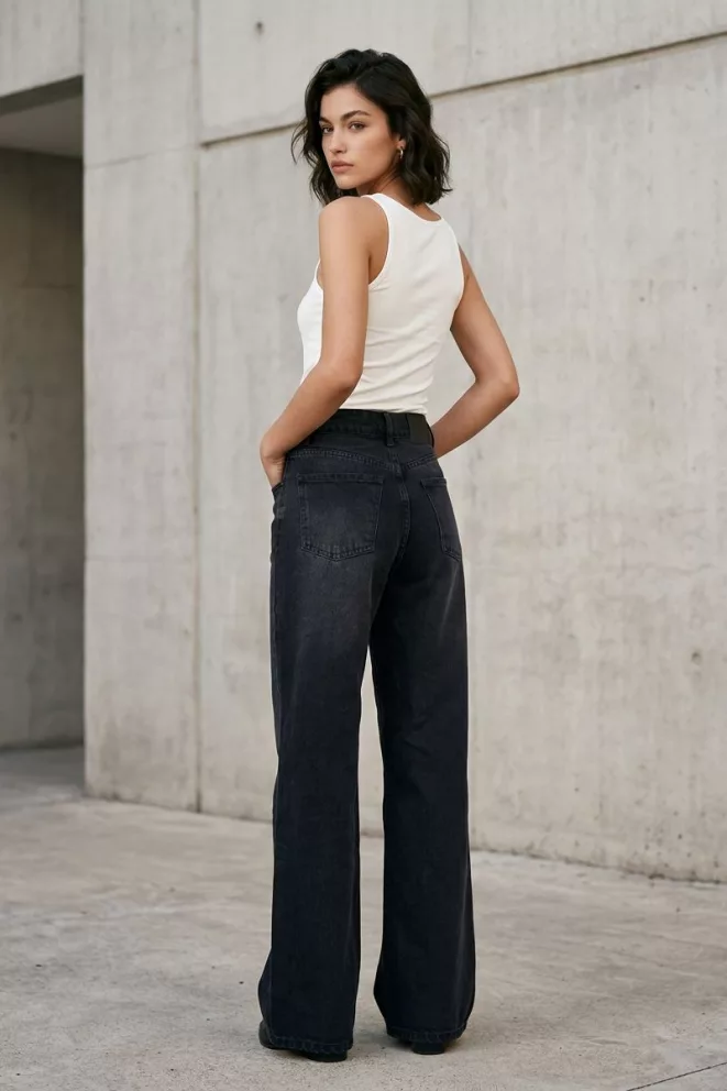 Alternative view of SD480 - Wide Leg Denim Negro Gastado Rígido (Maila)
