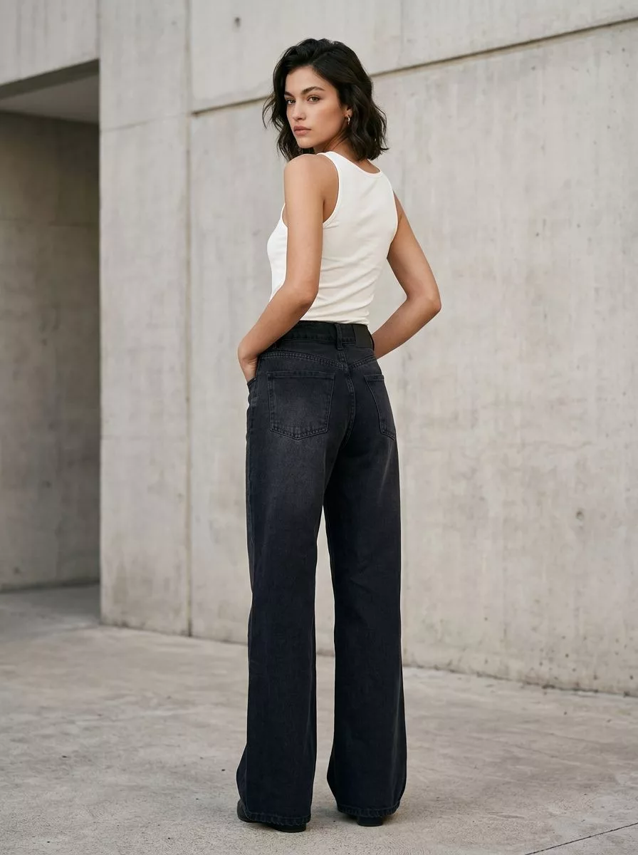 SD480 - Wide Leg Denim Negro Gastado Rígido (Maila) - Imagen 2