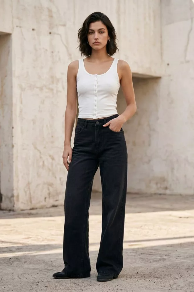 SD480 - Wide Leg Denim Negro Gastado Rígido (Maila)