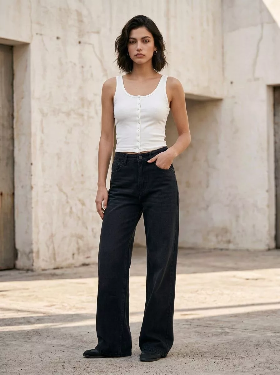 SD480 - Wide Leg Denim Negro Gastado Rígido (Maila)