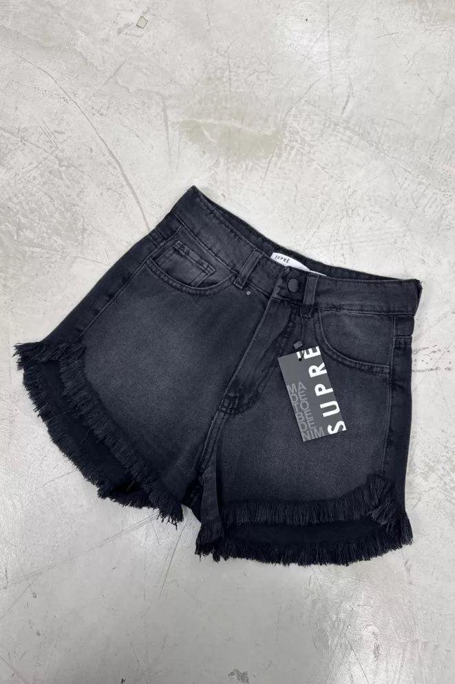 SD479 - Short Denim Negro Rígido Desflecado (Lennon)